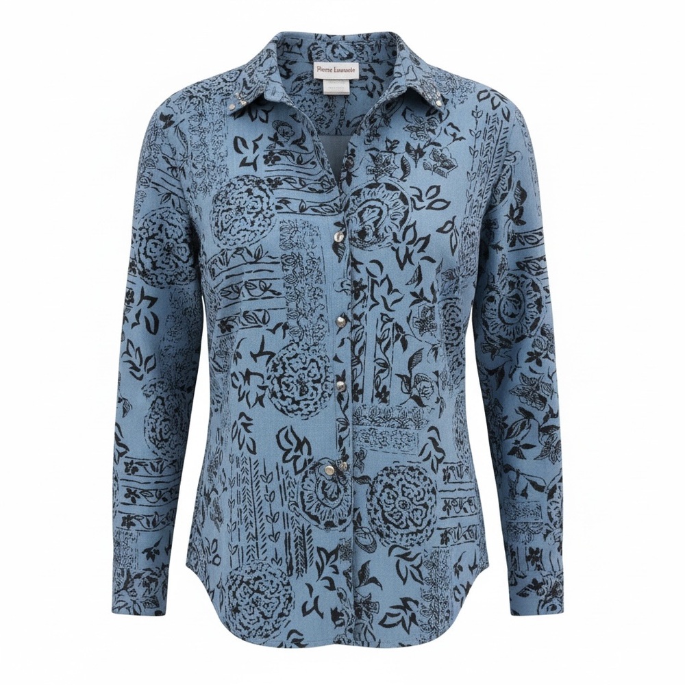 Pierre Lamonte Blue Patchwork-Style Blue Button Up Shirt